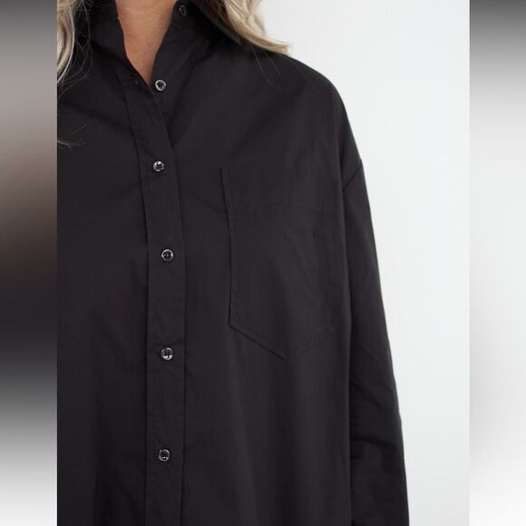 WB Hannah Pop Oversized 100% Organic Cotton Button Down Tunic Shirt Black - Picture 3 of 13